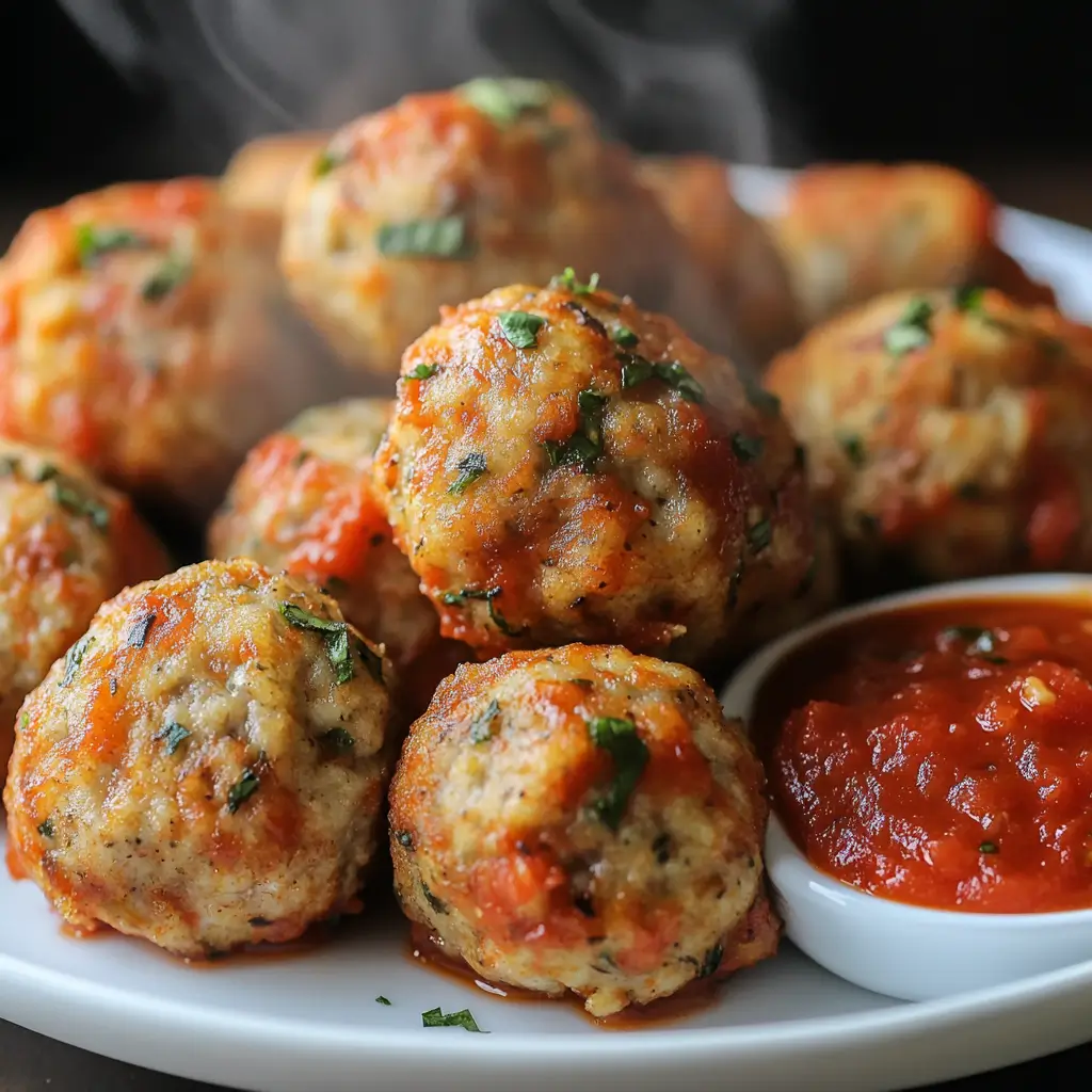 Crispy air-fried meatballs with marinara sauce.