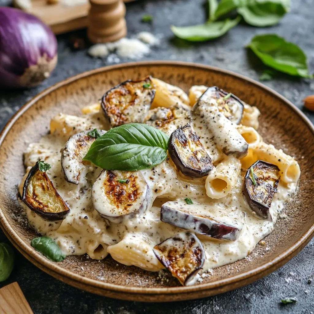 Creamy eggplant pasta with basil and Parmesan
