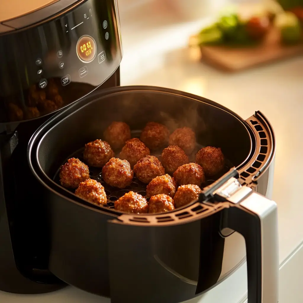 Frozen meatballs cooking in an air fryer