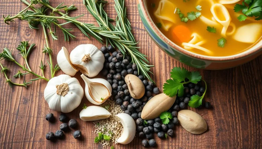 A vibrant flat lay of fresh herbs and spices on a rustic wooden surface, with a steaming bowl of chicken noodle soup in the background.