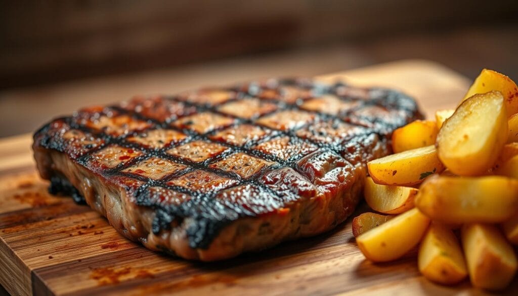 A beautifully lit close-up of a perfectly grilled steak resting on a wooden cutting board, accompanied by a pile of golden, crispy roasted potatoes. The steak's seared exterior glistens under the warm lighting, while the potatoes are evenly browned, their fluffy interiors beckoning. The scene is arranged with care, creating a mouthwatering display of the essential components of a classic steak and potatoes meal. The background is softly blurred, allowing the main dish to take center stage and highlighting the appetizing textures and colors. An inviting, rustic atmosphere that captures the essence of a satisfying, homemade steak and potatoes preparation. A beautifully lit close-up of a perfectly grilled steak resting on a wooden cutting board, accompanied by a pile of golden, crispy roasted potatoes. The steak's seared exterior glistens under the warm lighting, while the potatoes are evenly browned, their fluffy interiors beckoning. The scene is arranged with care, creating a mouthwatering display of the essential components of a classic steak and potatoes meal. The background is softly blurred, allowing the main dish to take center stage and highlighting the appetizing textures and colors. An inviting, rustic atmosphere that captures the essence of a satisfying, homemade steak and potatoes preparation.