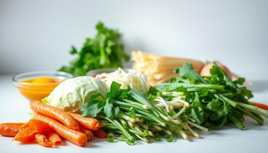 A beautifully lit tabletop scene showcasing the essential ingredients for delicious vegetable egg rolls. In the foreground, a variety of fresh vegetables - carrots, cabbage, bean sprouts, and scallions - are neatly arranged. In the middle ground, a bowl of beaten eggs and a bundle of vermicelli noodles add texture and depth. The background features a clean, white backdrop, allowing the vibrant colors of the produce to take center stage. Soft, directional lighting casts gentle shadows, accentuating the natural shapes and forms of the ingredients. The overall composition and lighting create a visually appealing and appetizing scene, perfectly capturing the essence of the "Essential Ingredients for Perfect Vegetable Egg Rolls". A beautifully lit tabletop scene showcasing the essential ingredients for delicious vegetable egg rolls. In the foreground, a variety of fresh vegetables - carrots, cabbage, bean sprouts, and scallions - are neatly arranged. In the middle ground, a bowl of beaten eggs and a bundle of vermicelli noodles add texture and depth. The background features a clean, white backdrop, allowing the vibrant colors of the produce to take center stage. Soft, directional lighting casts gentle shadows, accentuating the natural shapes and forms of the ingredients. The overall composition and lighting create a visually appealing and appetizing scene, perfectly capturing the essence of the "Essential Ingredients for Perfect Vegetable Egg Rolls".