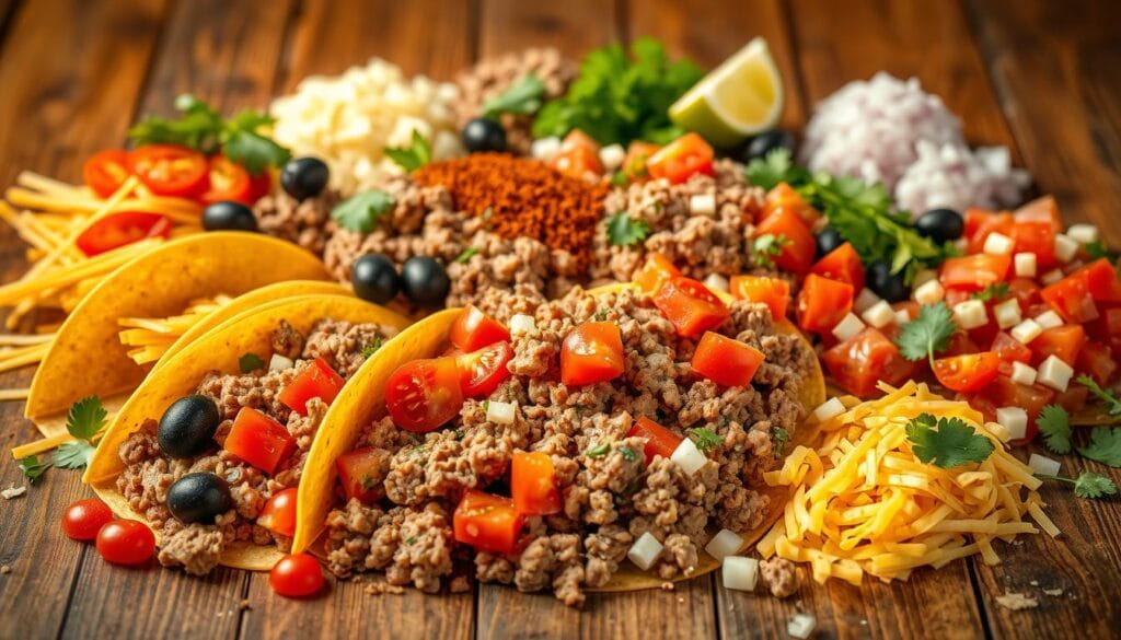 A bountiful arrangement of taco ingredients, meticulously placed on a rustic wooden surface. In the foreground, crisp taco shells, tender ground beef, and vibrant diced tomatoes. Midground showcases shredded cheese, sliced olives, and diced onions. In the background, a scatter of fragrant spices, fresh cilantro, and a zesty lime wedge. Warm, golden lighting casts a cozy glow, highlighting the textures and colors of this delectable fusion dish. Captured with a sharp, wide-angle lens to emphasize the depth and balance of the composition. An appetizing scene, primed to inspire the creation of a delicious Taco Spaghetti. A bountiful arrangement of taco ingredients, meticulously placed on a rustic wooden surface. In the foreground, crisp taco shells, tender ground beef, and vibrant diced tomatoes. Midground showcases shredded cheese, sliced olives, and diced onions. In the background, a scatter of fragrant spices, fresh cilantro, and a zesty lime wedge. Warm, golden lighting casts a cozy glow, highlighting the textures and colors of this delectable fusion dish. Captured with a sharp, wide-angle lens to emphasize the depth and balance of the composition. An appetizing scene, primed to inspire the creation of a delicious Taco Spaghetti.