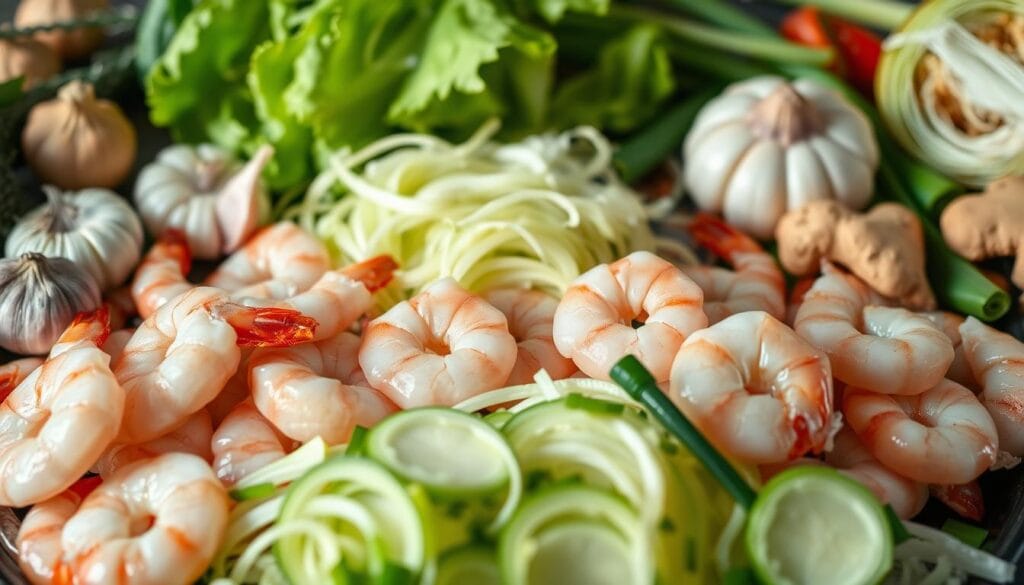 A bountiful still life arrangement showcases the essential ingredients for a delectable shrimp and cabbage recipe. In the foreground, fresh shrimp in a variety of sizes glisten under natural lighting, their pink hues accentuated. In the middle ground, thinly sliced green cabbage leaves fan out, their crisp, vibrant texture inviting. Surrounding the main elements, aromatic herbs and spices such as garlic, ginger, and green onions add depth and complexity. The overall composition is shot from a slightly elevated angle, creating a visually striking and appetizing scene that captures the essence of the recipe's key components. A bountiful still life arrangement showcases the essential ingredients for a delectable shrimp and cabbage recipe. In the foreground, fresh shrimp in a variety of sizes glisten under natural lighting, their pink hues accentuated. In the middle ground, thinly sliced green cabbage leaves fan out, their crisp, vibrant texture inviting. Surrounding the main elements, aromatic herbs and spices such as garlic, ginger, and green onions add depth and complexity. The overall composition is shot from a slightly elevated angle, creating a visually striking and appetizing scene that captures the essence of the recipe's key components.