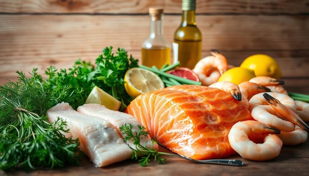 A bountiful still life arrangement showcasing the essential ingredients for a delectable Salmon and Shrimp recipe. In the foreground, a vibrant display of fresh salmon fillets and peeled shrimp glistening under natural light. In the middle ground, an assortment of aromatic herbs such as dill, parsley, and chives, along with lemon wedges and a bottle of olive oil. The background features a wooden surface with a subtly textured backdrop, creating a warm, rustic atmosphere. The composition is carefully balanced, drawing the viewer's eye to the center of the frame, highlighting the star ingredients of this flavor-packed dish. A bountiful still life arrangement showcasing the essential ingredients for a delectable Salmon and Shrimp recipe. In the foreground, a vibrant display of fresh salmon fillets and peeled shrimp glistening under natural light. In the middle ground, an assortment of aromatic herbs such as dill, parsley, and chives, along with lemon wedges and a bottle of olive oil. The background features a wooden surface with a subtly textured backdrop, creating a warm, rustic atmosphere. The composition is carefully balanced, drawing the viewer's eye to the center of the frame, highlighting the star ingredients of this flavor-packed dish.