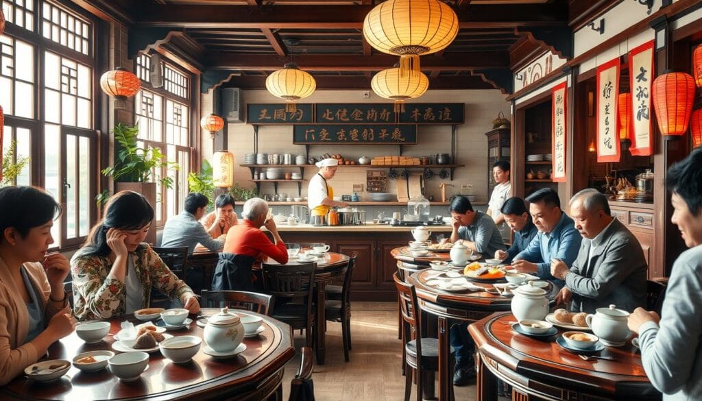 A bustling morning scene of a traditional Chinese teahouse, bathed in soft natural light. In the foreground, customers sit around lacquered tables, sipping fragrant oolong tea and savoring steaming bowls of congee, dim sum, and Chinese pastries. The middle ground reveals the busy kitchen, where skilled chefs skillfully prepare an array of breakfast delicacies. In the background, the warm hues of wooden beams, paper lanterns, and handscrolls create a cozy, timeless atmosphere, capturing the essence of China's rich breakfast culture and customs. A bustling morning scene of a traditional Chinese teahouse, bathed in soft natural light. In the foreground, customers sit around lacquered tables, sipping fragrant oolong tea and savoring steaming bowls of congee, dim sum, and Chinese pastries. The middle ground reveals the busy kitchen, where skilled chefs skillfully prepare an array of breakfast delicacies. In the background, the warm hues of wooden beams, paper lanterns, and handscrolls create a cozy, timeless atmosphere, capturing the essence of China's rich breakfast culture and customs.