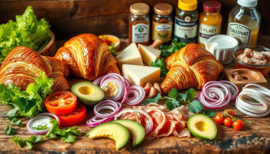 A carefully curated assortment of artisanal sandwich ingredients lies on a rustic wooden table, bathed in soft, natural lighting. In the foreground, freshly baked croissants stand tall, their golden-brown crust glistening. Surrounding them, an array of vibrant toppings: crisp lettuce leaves, juicy tomato slices, creamy avocado halves, and tangy pickled onions. In the middle ground, delicate cheese wedges and paper-thin prosciutto slices are arranged with care. The background features a selection of specialty condiments, including pungent mustard, smooth honey, and gourmet mayonnaise. The overall scene evokes a sense of rustic elegance, inviting the viewer to imagine crafting the perfect croissant sandwich. A carefully curated assortment of artisanal sandwich ingredients lies on a rustic wooden table, bathed in soft, natural lighting. In the foreground, freshly baked croissants stand tall, their golden-brown crust glistening. Surrounding them, an array of vibrant toppings: crisp lettuce leaves, juicy tomato slices, creamy avocado halves, and tangy pickled onions. In the middle ground, delicate cheese wedges and paper-thin prosciutto slices are arranged with care. The background features a selection of specialty condiments, including pungent mustard, smooth honey, and gourmet mayonnaise. The overall scene evokes a sense of rustic elegance, inviting the viewer to imagine crafting the perfect croissant sandwich.