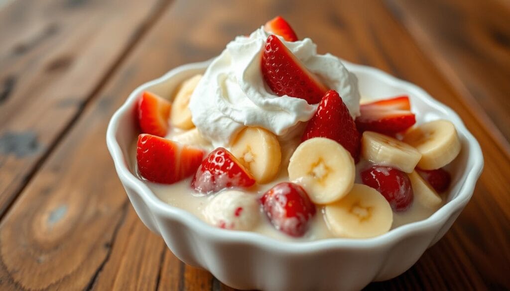 A close-up of a delectable strawberry banana pudding dessert, the creamy custard base dotted with ripe strawberry slices and banana coins, crowned with a fluffy mountain of whipped cream. Pristine white china bowl reflects the soft overhead lighting, highlighting the luscious textures and vibrant colors. Rustic wooden table sets a warm, homey scene, as if this indulgent treat has just been freshly prepared in a cozy kitchen. The alluring aroma of vanilla, strawberry, and banana wafts through the air, promising a heavenly sensory experience. This strawberry banana pudding delight is the ultimate comfort food, a decadent yet balanced dessert that will leave you craving more. A close-up of a delectable strawberry banana pudding dessert, the creamy custard base dotted with ripe strawberry slices and banana coins, crowned with a fluffy mountain of whipped cream. Pristine white china bowl reflects the soft overhead lighting, highlighting the luscious textures and vibrant colors. Rustic wooden table sets a warm, homey scene, as if this indulgent treat has just been freshly prepared in a cozy kitchen. The alluring aroma of vanilla, strawberry, and banana wafts through the air, promising a heavenly sensory experience. This strawberry banana pudding delight is the ultimate comfort food, a decadent yet balanced dessert that will leave you craving more.