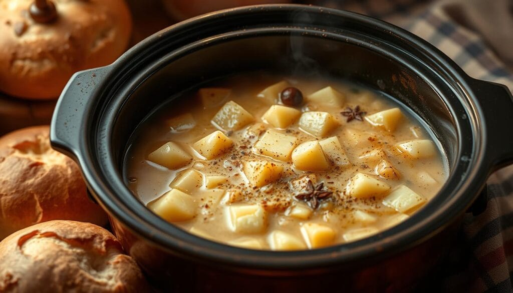 A cozy, inviting scene of a hearty potato soup simmering in a large, rustic slow cooker. The soup is brimming with tender chunks of potatoes, aromatic onions, and fragrant spices, emitting a mouthwatering aroma. Soft, golden-brown bread rolls are placed alongside, ready to be dipped into the rich, creamy broth. The lighting is warm and gentle, creating a comforting atmosphere. The scene is captured from a slightly elevated angle, showcasing the slow cooker's inviting contents. The overall mood is one of comfort, nourishment, and the promise of a satisfying, homemade meal. A cozy, inviting scene of a hearty potato soup simmering in a large, rustic slow cooker. The soup is brimming with tender chunks of potatoes, aromatic onions, and fragrant spices, emitting a mouthwatering aroma. Soft, golden-brown bread rolls are placed alongside, ready to be dipped into the rich, creamy broth. The lighting is warm and gentle, creating a comforting atmosphere. The scene is captured from a slightly elevated angle, showcasing the slow cooker's inviting contents. The overall mood is one of comfort, nourishment, and the promise of a satisfying, homemade meal.