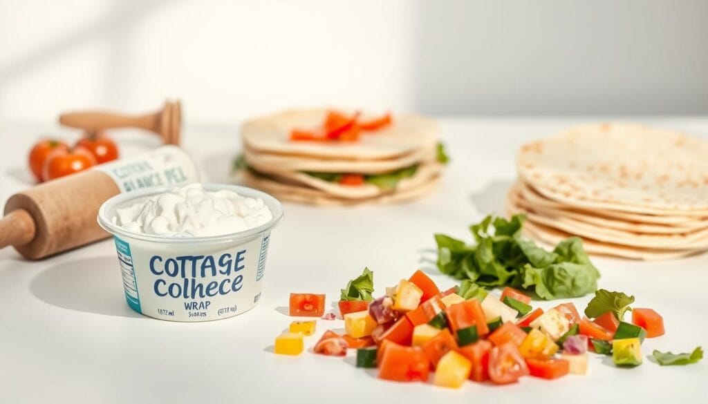A crisp white table against a soft, natural backdrop. In the foreground, an artfully arranged assortment of cottage cheese essentials: a container of creamy cottage cheese, a stack of fresh tortillas, a scatter of chopped vegetables like tomatoes, spinach, and bell peppers. Gentle natural lighting casts a warm glow, highlighting the textures and colors. A rolling pin and a few small bowls complete the scene, conveying a sense of ease and simplicity in the cottage cheese wrap preparation process. The composition is balanced and inviting, drawing the viewer in to imagine the delicious, healthy wrap creations to come. A crisp white table against a soft, natural backdrop. In the foreground, an artfully arranged assortment of cottage cheese essentials: a container of creamy cottage cheese, a stack of fresh tortillas, a scatter of chopped vegetables like tomatoes, spinach, and bell peppers. Gentle natural lighting casts a warm glow, highlighting the textures and colors. A rolling pin and a few small bowls complete the scene, conveying a sense of ease and simplicity in the cottage cheese wrap preparation process. The composition is balanced and inviting, drawing the viewer in to imagine the delicious, healthy wrap creations to come.
