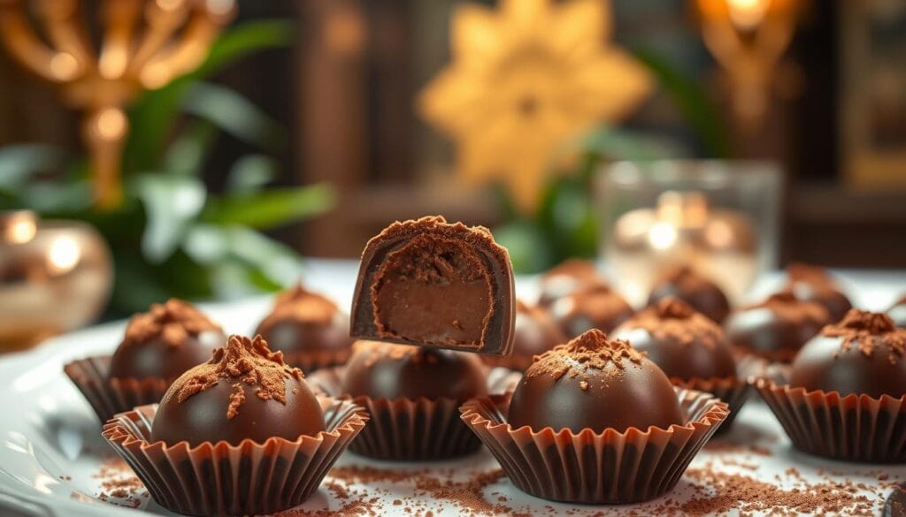 A decadent chocolate confection, the Dubai Chocolate Delicacy, glistens under soft, warm lighting. In the foreground, a delicate chocolate shell houses a rich, velvety ganache center, topped with a dusting of cocoa powder. The middle ground reveals a platter of these artisanal treats, each one meticulously crafted to perfection. In the background, a lush, opulent setting evokes the luxurious ambiance of Dubai, with hints of gold accents and ornate patterns. The overall composition exudes an air of indulgence, inviting the viewer to savor the sumptuous flavors of this signature Emirati dessert. A decadent chocolate confection, the Dubai Chocolate Delicacy, glistens under soft, warm lighting. In the foreground, a delicate chocolate shell houses a rich, velvety ganache center, topped with a dusting of cocoa powder. The middle ground reveals a platter of these artisanal treats, each one meticulously crafted to perfection. In the background, a lush, opulent setting evokes the luxurious ambiance of Dubai, with hints of gold accents and ornate patterns. The overall composition exudes an air of indulgence, inviting the viewer to savor the sumptuous flavors of this signature Emirati dessert.