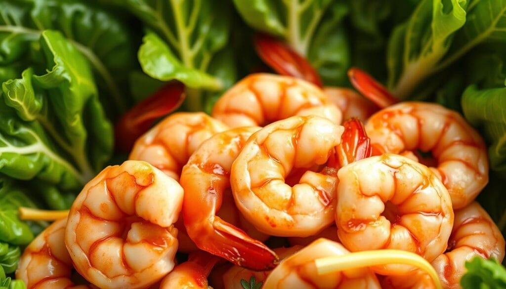 A delectable Asian-inspired shrimp dish set against a vibrant backdrop of fresh green cabbage. The plump, juicy shrimp are seared to perfection, their pink hues glistening under warm, soft lighting. The cabbage leaves create a lush, textured frame, their crisp edges and verdant tones complementing the shrimp's succulent nature. The composition is balanced, with the shrimp taking center stage, surrounded by the cabbage's supporting role. Captured with a shallow depth of field, the image evokes a sense of appetite-whetting intimacy, inviting the viewer to savor the flavors of this quick, flavorful dish. A delectable Asian-inspired shrimp dish set against a vibrant backdrop of fresh green cabbage. The plump, juicy shrimp are seared to perfection, their pink hues glistening under warm, soft lighting. The cabbage leaves create a lush, textured frame, their crisp edges and verdant tones complementing the shrimp's succulent nature. The composition is balanced, with the shrimp taking center stage, surrounded by the cabbage's supporting role. Captured with a shallow depth of field, the image evokes a sense of appetite-whetting intimacy, inviting the viewer to savor the flavors of this quick, flavorful dish.
