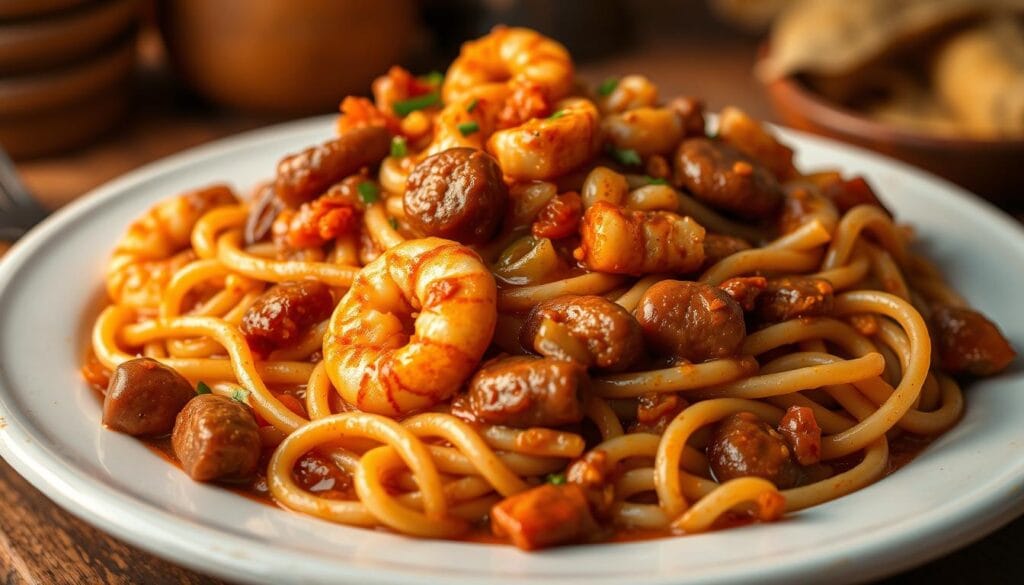 A delectable New Orleans Creole pasta dish, simmered with juicy shrimp, spicy andouille sausage, and a medley of aromatic vegetables. The soft, glistening noodles are coated in a rich, velvety sauce infused with Cajun spices, creating a harmonious blend of flavors that evokes the vibrant culinary heritage of the Big Easy. The scene is illuminated by warm, golden lighting, casting a cozy, inviting glow over the dish, set against a backdrop of rustic wooden textures and subtle hints of Southern charm. The overall presentation is both visually appealing and authentically representative of the bold, comforting cuisine that defines the essence of New Orleans. A delectable New Orleans Creole pasta dish, simmered with juicy shrimp, spicy andouille sausage, and a medley of aromatic vegetables. The soft, glistening noodles are coated in a rich, velvety sauce infused with Cajun spices, creating a harmonious blend of flavors that evokes the vibrant culinary heritage of the Big Easy. The scene is illuminated by warm, golden lighting, casting a cozy, inviting glow over the dish, set against a backdrop of rustic wooden textures and subtle hints of Southern charm. The overall presentation is both visually appealing and authentically representative of the bold, comforting cuisine that defines the essence of New Orleans.