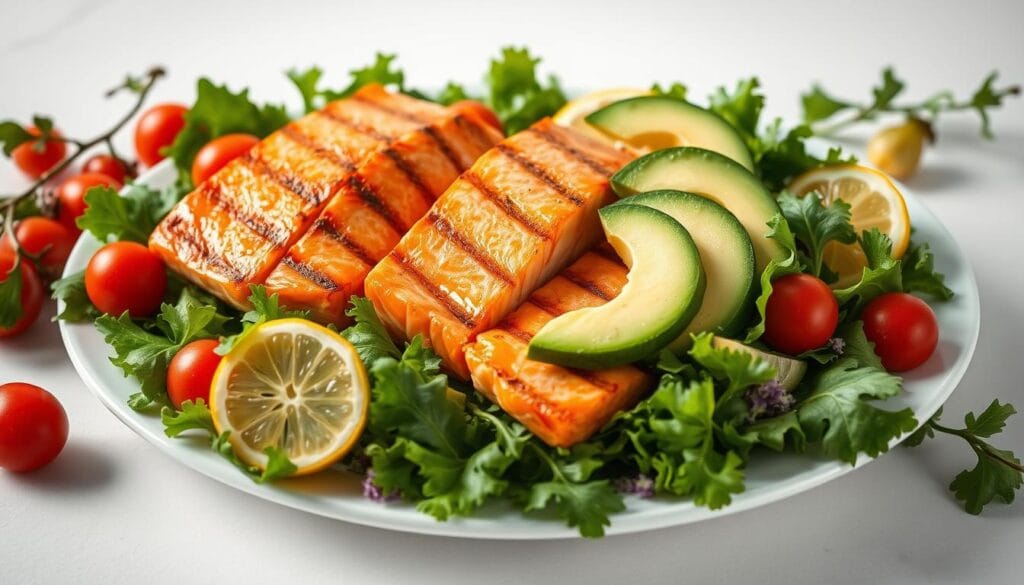 A delectable arrangement of fresh salmon fillets, crisp greens, juicy cherry tomatoes, creamy avocado slices, and tangy lemon wedges, all artfully placed on a white ceramic platter. The light gleams softly off the salmon's glistening flesh, highlighting its vibrant orange hue. The salad ingredients are meticulously arranged, creating a visually appealing and appetizing composition. The scene is set against a soft, neutral background, allowing the colors and textures of the salad to take center stage. The overall mood is bright, clean, and inviting, conveying the freshness and flavor of this grilled salmon salad. A delectable arrangement of fresh salmon fillets, crisp greens, juicy cherry tomatoes, creamy avocado slices, and tangy lemon wedges, all artfully placed on a white ceramic platter. The light gleams softly off the salmon's glistening flesh, highlighting its vibrant orange hue. The salad ingredients are meticulously arranged, creating a visually appealing and appetizing composition. The scene is set against a soft, neutral background, allowing the colors and textures of the salad to take center stage. The overall mood is bright, clean, and inviting, conveying the freshness and flavor of this grilled salmon salad.