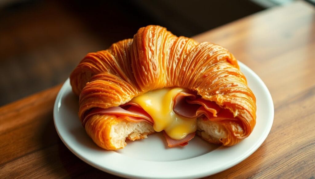 A delectable croissant sandwich nestled on a pristine white plate, its golden-brown exterior glistening under the warm, soft lighting. The croissant is split open, revealing a creamy, melted cheese filling that spills out, mingling with the savory, thinly-sliced ham. The scene is captured from a slight overhead angle, highlighting the artful arrangement and the tempting textures. The background is blurred, allowing the sandwich to take center stage and draw the viewer's eye. The mood is inviting, mouthwatering, and promises a satisfying breakfast experience. A delectable croissant sandwich nestled on a pristine white plate, its golden-brown exterior glistening under the warm, soft lighting. The croissant is split open, revealing a creamy, melted cheese filling that spills out, mingling with the savory, thinly-sliced ham. The scene is captured from a slight overhead angle, highlighting the artful arrangement and the tempting textures. The background is blurred, allowing the sandwich to take center stage and draw the viewer's eye. The mood is inviting, mouthwatering, and promises a satisfying breakfast experience.