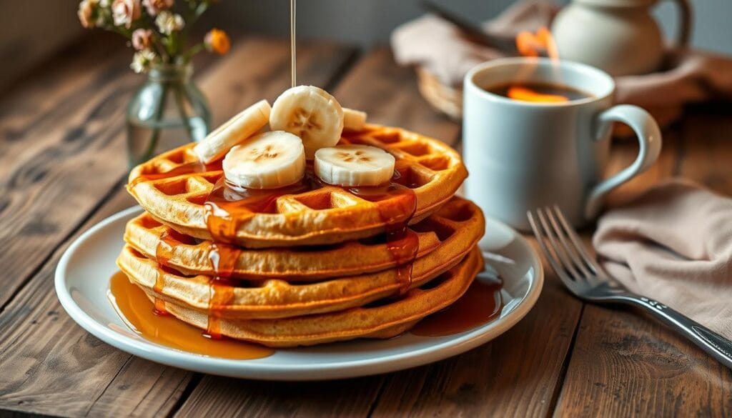 A delightful breakfast scene featuring a stack of fluffy, golden banana waffles, drizzled with maple syrup and garnished with fresh banana slices. The waffles are served on a rustic wooden table, accompanied by a small vase of wildflowers and a mug of steaming coffee, casting a warm, inviting glow. The lighting is soft and natural, highlighting the textures and colors of the dish. The composition is balanced, with the waffles taking center stage, and the supporting elements framing the scene. The overall mood is cozy, comforting, and appetizing, inspiring a craving for this irresistible homemade breakfast. A delightful breakfast scene featuring a stack of fluffy, golden banana waffles, drizzled with maple syrup and garnished with fresh banana slices. The waffles are served on a rustic wooden table, accompanied by a small vase of wildflowers and a mug of steaming coffee, casting a warm, inviting glow. The lighting is soft and natural, highlighting the textures and colors of the dish. The composition is balanced, with the waffles taking center stage, and the supporting elements framing the scene. The overall mood is cozy, comforting, and appetizing, inspiring a craving for this irresistible homemade breakfast.