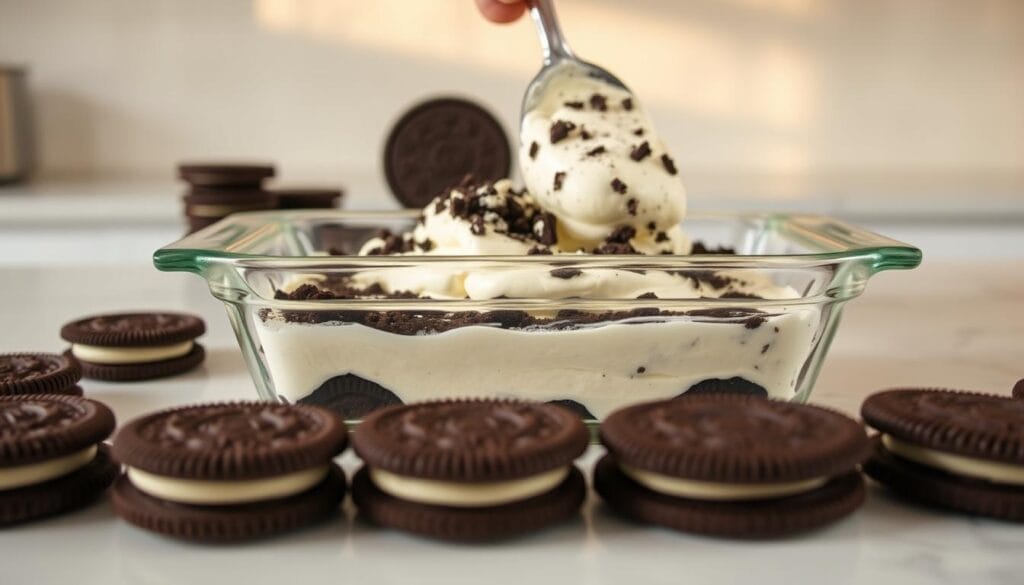 A delightful no-bake Oreo dessert preparation unfolds before the viewer. In the foreground, crisp Oreo cookies are meticulously arranged, their dark chocolate exterior contrasting beautifully with the fluffy white filling. In the middle ground, a creamy, luscious mixture of sweetened cream cheese and crushed Oreos is being carefully spooned into a glass serving dish, creating tantalizing layers. The background features a clean, minimalist kitchen counter, with a subtle play of warm, natural lighting casting a soft, inviting glow over the scene. The overall mood is one of effortless indulgence, showcasing the simplicity and decadence of this no-bake Oreo dessert. A delightful no-bake Oreo dessert preparation unfolds before the viewer. In the foreground, crisp Oreo cookies are meticulously arranged, their dark chocolate exterior contrasting beautifully with the fluffy white filling. In the middle ground, a creamy, luscious mixture of sweetened cream cheese and crushed Oreos is being carefully spooned into a glass serving dish, creating tantalizing layers. The background features a clean, minimalist kitchen counter, with a subtle play of warm, natural lighting casting a soft, inviting glow over the scene. The overall mood is one of effortless indulgence, showcasing the simplicity and decadence of this no-bake Oreo dessert.