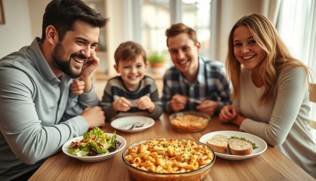 A family of four gathered around a cozy dining table, savoring a hearty chicken pasta bake. The delectable dish, with its golden-brown cheesy topping, takes center stage, surrounded by plates of freshly tossed salad and warm garlic bread. The parents and their two children, a boy and a girl, smile contentedly as they enjoy this comforting meal together. Soft, warm lighting illuminates the scene, creating an intimate, inviting atmosphere. The camera angle captures the scene from a slightly elevated perspective, emphasizing the togetherness and joy of this family moment. The overall composition conveys a sense of harmony, comfort, and the pleasures of a shared meal. A family of four gathered around a cozy dining table, savoring a hearty chicken pasta bake. The delectable dish, with its golden-brown cheesy topping, takes center stage, surrounded by plates of freshly tossed salad and warm garlic bread. The parents and their two children, a boy and a girl, smile contentedly as they enjoy this comforting meal together. Soft, warm lighting illuminates the scene, creating an intimate, inviting atmosphere. The camera angle captures the scene from a slightly elevated perspective, emphasizing the togetherness and joy of this family moment. The overall composition conveys a sense of harmony, comfort, and the pleasures of a shared meal.