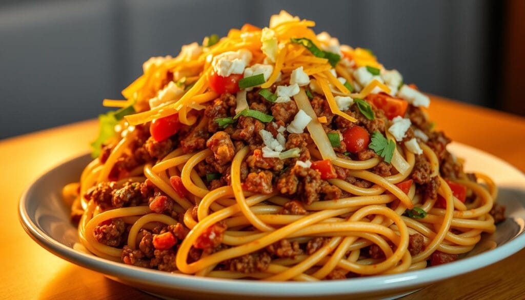 A hearty mound of al dente spaghetti noodles, intertwined with seasoned ground beef, diced tomatoes, and a tantalizing blend of spices. Atop this savory base, a cascade of crisp taco shells overflow with shredded lettuce, diced onions, and a generous sprinkling of shredded cheddar cheese. The dish is illuminated by soft, warm lighting, casting a comforting glow and inviting the viewer to indulge in this mouthwatering fusion of Mexican and Italian cuisines. The plate is angled slightly, revealing the delectable textures and flavors of this unique culinary creation. In the background, a subtle bokeh effect softens the edges, drawing the eye towards the captivating centerpiece. A hearty mound of al dente spaghetti noodles, intertwined with seasoned ground beef, diced tomatoes, and a tantalizing blend of spices. Atop this savory base, a cascade of crisp taco shells overflow with shredded lettuce, diced onions, and a generous sprinkling of shredded cheddar cheese. The dish is illuminated by soft, warm lighting, casting a comforting glow and inviting the viewer to indulge in this mouthwatering fusion of Mexican and Italian cuisines. The plate is angled slightly, revealing the delectable textures and flavors of this unique culinary creation. In the background, a subtle bokeh effect softens the edges, drawing the eye towards the captivating centerpiece.