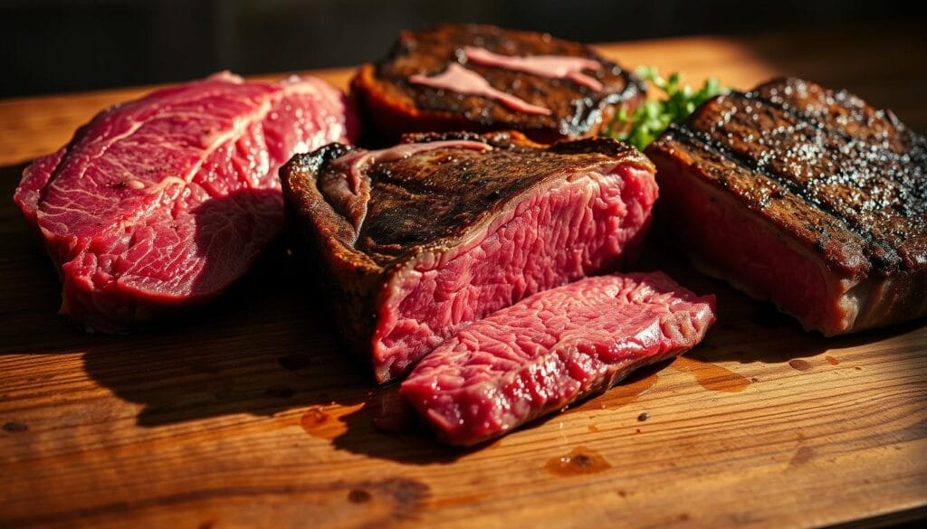 A high-quality, close-up image of various beef cuts suitable for a steak and potatoes dinner, arranged on a rustic wooden surface. The cuts include tender filet mignon, juicy ribeye, and flavorful strip loin, all glistening under warm, directional lighting that casts dramatic shadows. The composition emphasizes the texture and marbling of the meats, with a neutral background that allows the cuts to take center stage. The overall mood is one of culinary anticipation, highlighting the best beef options for a classic steak and potatoes meal. A high-quality, close-up image of various beef cuts suitable for a steak and potatoes dinner, arranged on a rustic wooden surface. The cuts include tender filet mignon, juicy ribeye, and flavorful strip loin, all glistening under warm, directional lighting that casts dramatic shadows. The composition emphasizes the texture and marbling of the meats, with a neutral background that allows the cuts to take center stage. The overall mood is one of culinary anticipation, highlighting the best beef options for a classic steak and potatoes meal.