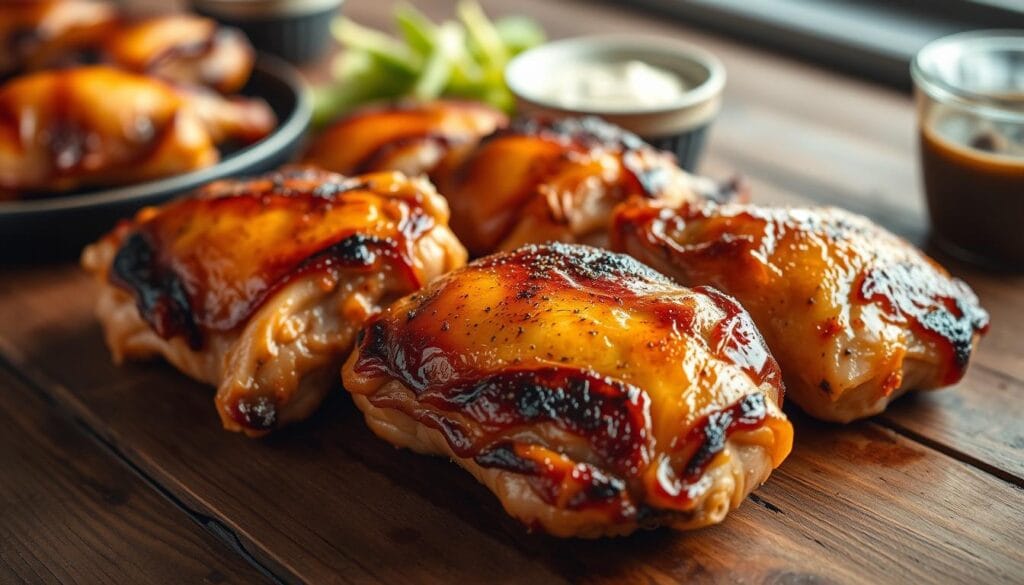 A lunchtime spread of perfectly smoked chicken thighs, arranged on a rustic wooden table. The thighs are golden-brown with a delicate char, glistening with a light glaze. The background is softly blurred, allowing the focal point to be the succulent, flavorful meat. Warm, directional lighting casts gentle shadows, enhancing the appetizing appearance. The overall mood is inviting and mouthwatering, capturing the essence of a satisfying, high-quality lunch option. A lunchtime spread of perfectly smoked chicken thighs, arranged on a rustic wooden table. The thighs are golden-brown with a delicate char, glistening with a light glaze. The background is softly blurred, allowing the focal point to be the succulent, flavorful meat. Warm, directional lighting casts gentle shadows, enhancing the appetizing appearance. The overall mood is inviting and mouthwatering, capturing the essence of a satisfying, high-quality lunch option.
