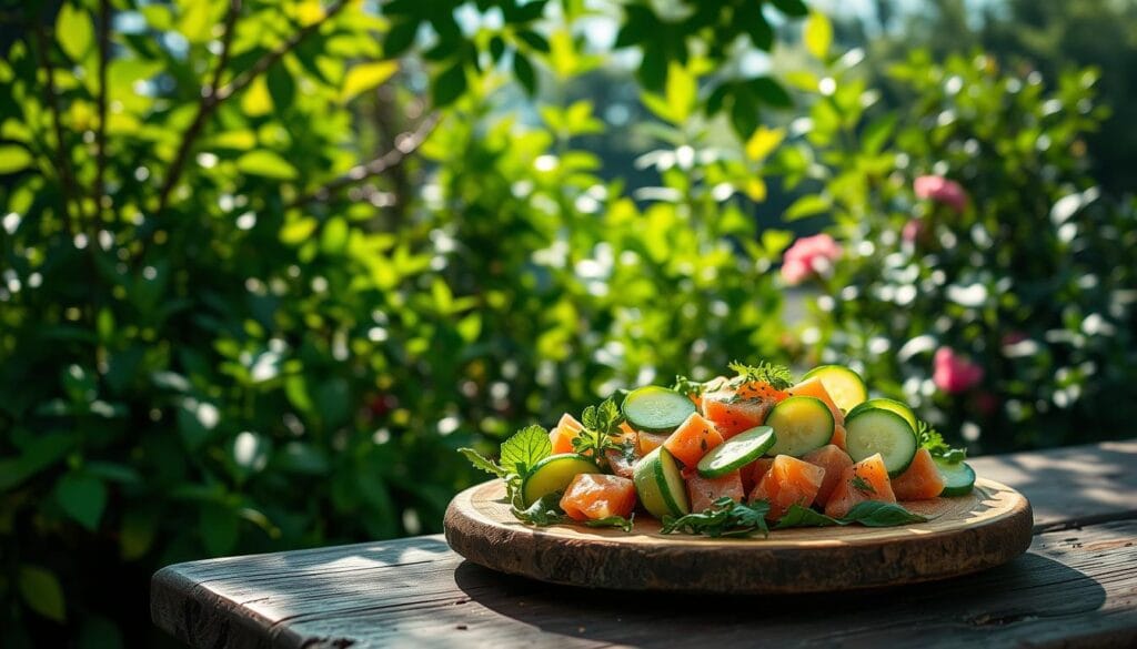 A lush, verdant garden setting with a rustic wooden table in the foreground. On the table, a simply prepared salmon cucumber salad, the fresh ingredients spilling forth in a cascade of colors - vibrant pink salmon, crisp green cucumbers, and delicate fresh herbs. Dappled sunlight filters through the overhead foliage, casting a warm, natural glow on the scene. The composition is balanced, with the salad taking center stage, surrounded by a harmonious blend of earthy tones and organic textures. An atmosphere of tranquility and nourishment pervades, inviting the viewer to savor the origins and simplicity of this refreshing culinary delight. A lush, verdant garden setting with a rustic wooden table in the foreground. On the table, a simply prepared salmon cucumber salad, the fresh ingredients spilling forth in a cascade of colors - vibrant pink salmon, crisp green cucumbers, and delicate fresh herbs. Dappled sunlight filters through the overhead foliage, casting a warm, natural glow on the scene. The composition is balanced, with the salad taking center stage, surrounded by a harmonious blend of earthy tones and organic textures. An atmosphere of tranquility and nourishment pervades, inviting the viewer to savor the origins and simplicity of this refreshing culinary delight.