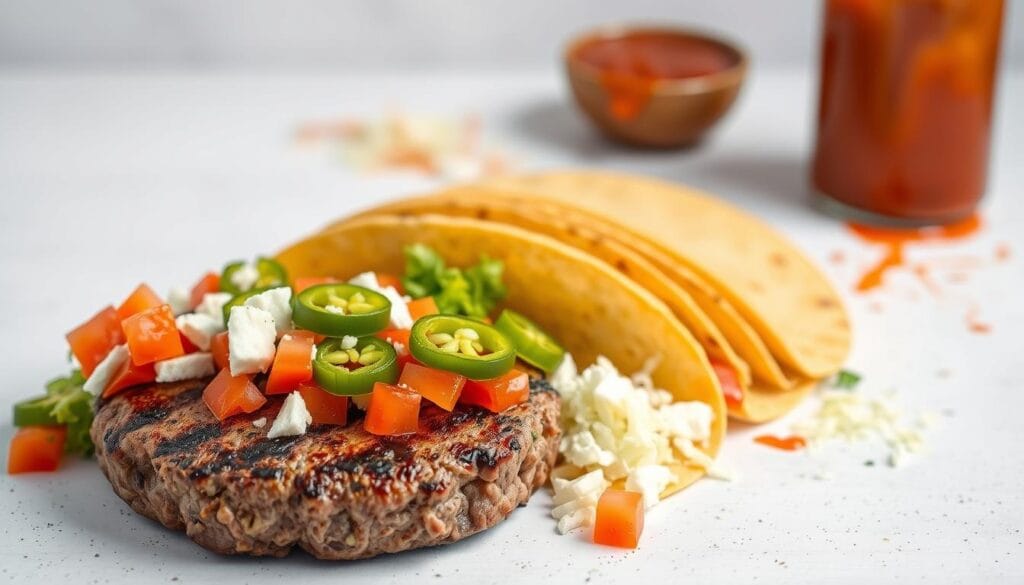 A mouth-watering arrangement of Tex-Mex burger taco ingredients, artfully displayed against a crisp white backdrop. In the foreground, a freshly grilled beef patty sizzles, its edges crisped to perfection. Surrounding it, a vibrant medley of toppings: diced tomatoes, shredded lettuce, crumbled queso fresco, and sliced pickled jalapeños. Midground, a stack of warm, golden-brown corn tortillas, their edges curling invitingly. In the background, a sprinkle of finely chopped onion and a drizzle of tangy, homemade taco sauce, hinting at the delicious flavors to come. Soft, warm lighting casts a comforting glow over the scene, capturing the essential ingredients for a truly mouthwatering Tex-Mex smash burger taco. A mouth-watering arrangement of Tex-Mex burger taco ingredients, artfully displayed against a crisp white backdrop. In the foreground, a freshly grilled beef patty sizzles, its edges crisped to perfection. Surrounding it, a vibrant medley of toppings: diced tomatoes, shredded lettuce, crumbled queso fresco, and sliced pickled jalapeños. Midground, a stack of warm, golden-brown corn tortillas, their edges curling invitingly. In the background, a sprinkle of finely chopped onion and a drizzle of tangy, homemade taco sauce, hinting at the delicious flavors to come. Soft, warm lighting casts a comforting glow over the scene, capturing the essential ingredients for a truly mouthwatering Tex-Mex smash burger taco.