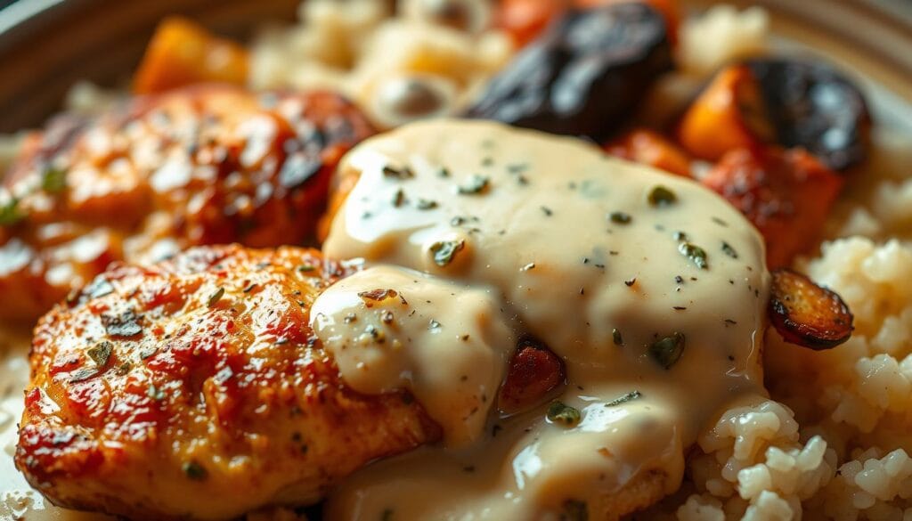 A mouthwatering Boursin chicken dish, golden-brown chicken breasts nestled in a rich, creamy Boursin cheese sauce. The foreground features the juicy chicken, seasoned with herbs and spices, seared to perfection. The middle ground showcases the velvety Boursin sauce, infused with garlic and herbs, gently coating the chicken. In the background, a bed of fluffy white rice or roasted vegetables provides a complementary base. Soft, warm lighting highlights the dish's inviting textures and colors, creating a cozy, appetizing atmosphere. The scene conveys the dish's delectable creaminess and robust flavors, enticing the viewer to savor each bite. A mouthwatering Boursin chicken dish, golden-brown chicken breasts nestled in a rich, creamy Boursin cheese sauce. The foreground features the juicy chicken, seasoned with herbs and spices, seared to perfection. The middle ground showcases the velvety Boursin sauce, infused with garlic and herbs, gently coating the chicken. In the background, a bed of fluffy white rice or roasted vegetables provides a complementary base. Soft, warm lighting highlights the dish's inviting textures and colors, creating a cozy, appetizing atmosphere. The scene conveys the dish's delectable creaminess and robust flavors, enticing the viewer to savor each bite.