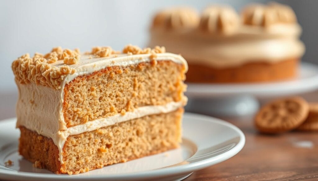 A mouthwatering slice of Biscoff cookie butter cake, delicately layered with a smooth, creamy frosting and a dusting of crushed Biscoff cookies. The cake's golden-brown exterior reflects the warm, inviting lighting, drawing the viewer's attention to the rich, indulgent texture. In the foreground, the cake slice is presented on a clean, white plate, allowing the decadent flavors to shine. The middle ground showcases the intricate swirls of the frosting, hinting at the satisfying sweetness within. In the background, a soft, blurred backdrop enhances the focus on the star of the scene - the perfect Biscoff cake slice, a tempting preview of the delicious treat to come. A mouthwatering slice of Biscoff cookie butter cake, delicately layered with a smooth, creamy frosting and a dusting of crushed Biscoff cookies. The cake's golden-brown exterior reflects the warm, inviting lighting, drawing the viewer's attention to the rich, indulgent texture. In the foreground, the cake slice is presented on a clean, white plate, allowing the decadent flavors to shine. The middle ground showcases the intricate swirls of the frosting, hinting at the satisfying sweetness within. In the background, a soft, blurred backdrop enhances the focus on the star of the scene - the perfect Biscoff cake slice, a tempting preview of the delicious treat to come.