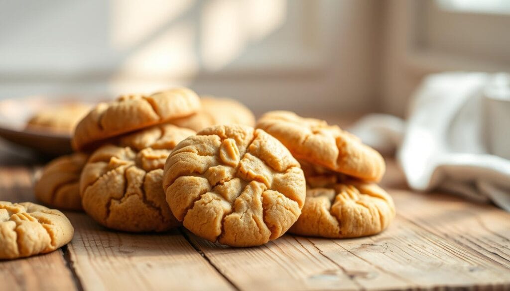 A neatly arranged collection of freshly baked air fryer peanut butter cookies, resting on a rustic wooden table. The cookies have a golden-brown exterior, with a soft, pillowy texture and a rich, creamy peanut butter flavor. Delicate streams of light cascade through a nearby window, casting a warm, inviting glow over the scene. The background is softly blurred, allowing the cookies to take center stage and showcase their simple, yet mouthwatering appeal. The overall atmosphere is one of comfort, homemade goodness, and the perfect balance of simplicity and taste. A neatly arranged collection of freshly baked air fryer peanut butter cookies, resting on a rustic wooden table. The cookies have a golden-brown exterior, with a soft, pillowy texture and a rich, creamy peanut butter flavor. Delicate streams of light cascade through a nearby window, casting a warm, inviting glow over the scene. The background is softly blurred, allowing the cookies to take center stage and showcase their simple, yet mouthwatering appeal. The overall atmosphere is one of comfort, homemade goodness, and the perfect balance of simplicity and taste.