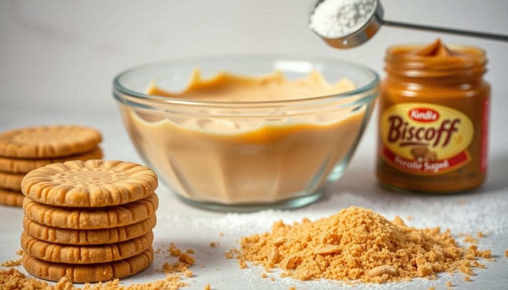 A neatly arranged composition of the essential ingredients for a delicious Biscoff cake. In the foreground, a stack of Biscoff cookies, their golden-brown color glistening under the soft, diffused lighting. Surrounding them, a sprinkling of ground Biscoff cookie crumbs, a testament to their key role in the recipe. In the middle ground, a glass bowl filled with creamy Biscoff spread, its velvety texture inviting the viewer to imagine its rich, caramelized flavor. In the background, a sifter dusting powdered sugar, a crucial component for the cake's fluffy texture. The scene is set against a neutral, light-colored backdrop, allowing the ingredients to take center stage and showcase their importance in crafting the perfect Biscoff cake. A neatly arranged composition of the essential ingredients for a delicious Biscoff cake. In the foreground, a stack of Biscoff cookies, their golden-brown color glistening under the soft, diffused lighting. Surrounding them, a sprinkling of ground Biscoff cookie crumbs, a testament to their key role in the recipe. In the middle ground, a glass bowl filled with creamy Biscoff spread, its velvety texture inviting the viewer to imagine its rich, caramelized flavor. In the background, a sifter dusting powdered sugar, a crucial component for the cake's fluffy texture. The scene is set against a neutral, light-colored backdrop, allowing the ingredients to take center stage and showcase their importance in crafting the perfect Biscoff cake.