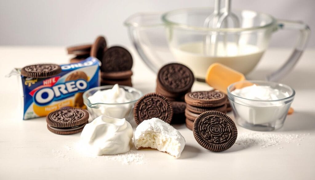 A neatly arranged composition showcasing the essential tools and ingredients for creating delectable Oreo no-bake desserts. In the foreground, an assortment of Oreo cookies, cream cheese, heavy cream, and powdered sugar are carefully positioned on a clean, white surface, illuminated by warm, even lighting. In the middle ground, a mixing bowl, electric hand mixer, and spatula are placed, hinting at the preparation process. The background features a soft, blurred backdrop, creating a sense of depth and focus on the key elements. The overall mood is one of culinary elegance and attention to detail, perfectly capturing the refined essence of the Oreo no-bake dessert experience. A neatly arranged composition showcasing the essential tools and ingredients for creating delectable Oreo no-bake desserts. In the foreground, an assortment of Oreo cookies, cream cheese, heavy cream, and powdered sugar are carefully positioned on a clean, white surface, illuminated by warm, even lighting. In the middle ground, a mixing bowl, electric hand mixer, and spatula are placed, hinting at the preparation process. The background features a soft, blurred backdrop, creating a sense of depth and focus on the key elements. The overall mood is one of culinary elegance and attention to detail, perfectly capturing the refined essence of the Oreo no-bake dessert experience.