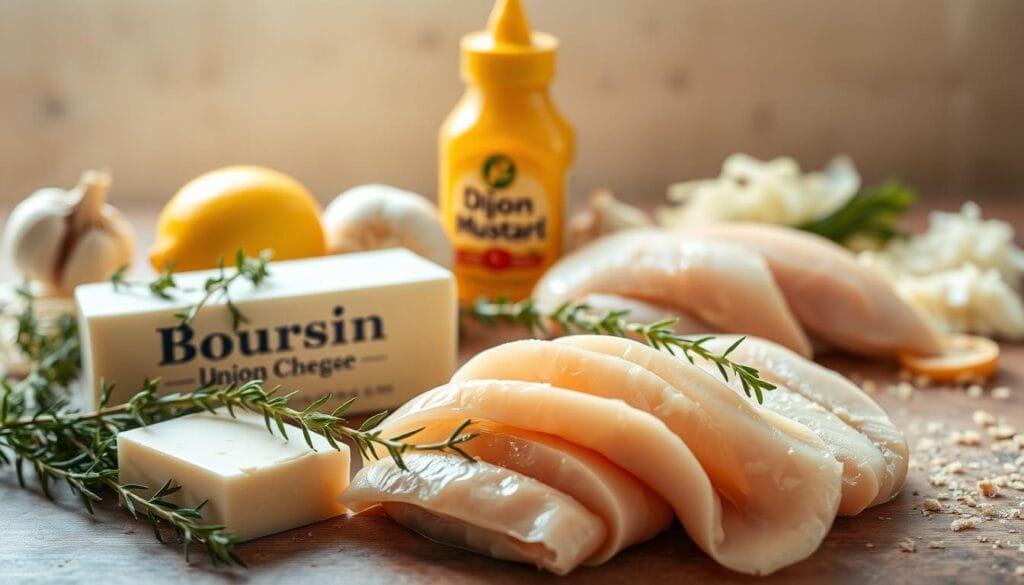 A neatly arranged still life of the essential ingredients for a Boursin Chicken recipe, bathed in warm, natural lighting. In the foreground, a block of creamy Boursin cheese, sliced chicken breasts, and fresh sprigs of thyme. In the middle ground, a jar of dijon mustard, a lemon, and a few cloves of garlic. In the background, a smattering of chopped onions and a sprinkle of breadcrumbs. The overall mood is one of rustic elegance, inviting the viewer to imagine the flavorful dish that these ingredients will create. A neatly arranged still life of the essential ingredients for a Boursin Chicken recipe, bathed in warm, natural lighting. In the foreground, a block of creamy Boursin cheese, sliced chicken breasts, and fresh sprigs of thyme. In the middle ground, a jar of dijon mustard, a lemon, and a few cloves of garlic. In the background, a smattering of chopped onions and a sprinkle of breadcrumbs. The overall mood is one of rustic elegance, inviting the viewer to imagine the flavorful dish that these ingredients will create.