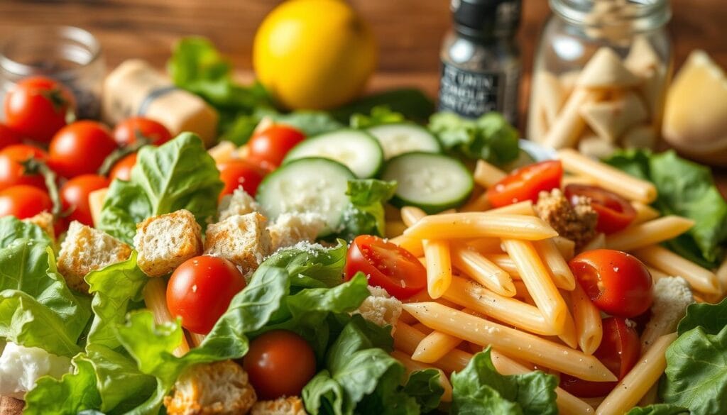 A neatly arranged still life of the essential ingredients for a creamy Caesar pasta salad, captured in warm, natural lighting and a slightly angled perspective. In the foreground, fresh romaine lettuce leaves, crisp croutons, and grated Parmesan cheese are elegantly displayed. The middle ground features plump cherry tomatoes, sliced cucumbers, and penne pasta, all tossed in a rich, creamy Caesar dressing. In the background, a jar of anchovies, a wedge of lemon, and a sprinkle of freshly ground black pepper create a sense of depth and completeness. The composition emphasizes the vibrant colors, textures, and flavors that come together to make the perfect Caesar pasta salad. A neatly arranged still life of the essential ingredients for a creamy Caesar pasta salad, captured in warm, natural lighting and a slightly angled perspective. In the foreground, fresh romaine lettuce leaves, crisp croutons, and grated Parmesan cheese are elegantly displayed. The middle ground features plump cherry tomatoes, sliced cucumbers, and penne pasta, all tossed in a rich, creamy Caesar dressing. In the background, a jar of anchovies, a wedge of lemon, and a sprinkle of freshly ground black pepper create a sense of depth and completeness. The composition emphasizes the vibrant colors, textures, and flavors that come together to make the perfect Caesar pasta salad.