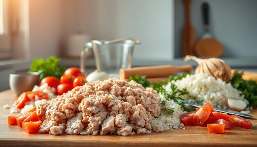 A neatly arranged still life on a wooden surface, illuminated by warm, natural lighting from a side window. In the foreground, a pile of ground turkey, glistening with freshness. Surrounding it, a variety of ingredients - long-grain white rice, diced tomatoes, chopped onions, minced garlic, and fresh herbs such as parsley and thyme. The middle ground showcases a large measuring cup, a sharp knife, and a wooden spoon, hinting at the preparation process. In the background, a clean, minimalist kitchen setting, with a subtle hint of a pale blue wall, creating a sense of balance and simplicity. A neatly arranged still life on a wooden surface, illuminated by warm, natural lighting from a side window. In the foreground, a pile of ground turkey, glistening with freshness. Surrounding it, a variety of ingredients - long-grain white rice, diced tomatoes, chopped onions, minced garlic, and fresh herbs such as parsley and thyme. The middle ground showcases a large measuring cup, a sharp knife, and a wooden spoon, hinting at the preparation process. In the background, a clean, minimalist kitchen setting, with a subtle hint of a pale blue wall, creating a sense of balance and simplicity.