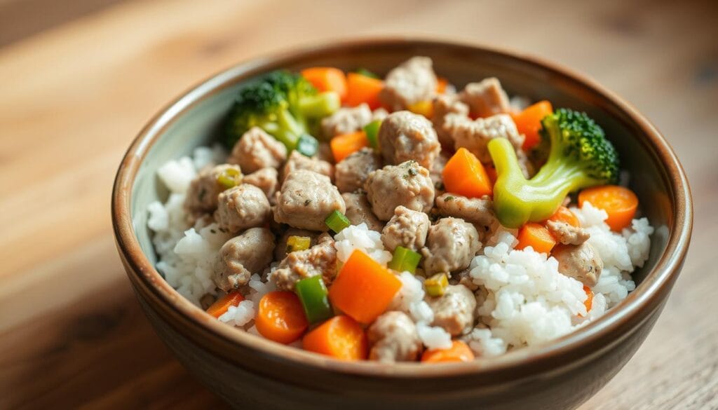 A perfectly balanced and healthy ground turkey rice dish, beautifully presented in a rustic ceramic bowl. The tender turkey morsels, seasoned with aromatic herbs and spices, are delicately nestled alongside fluffy white rice and a vibrant medley of freshly sautéed vegetables - crisp carrots, diced bell peppers, and tender broccoli florets. The lighting is soft and natural, casting a warm, inviting glow over the dish, highlighted by the earthy tones of the bowl and background. The scene conveys a sense of nourishment and wholesome goodness, perfect for a quick and nutritious weekday lunch. A perfectly balanced and healthy ground turkey rice dish, beautifully presented in a rustic ceramic bowl. The tender turkey morsels, seasoned with aromatic herbs and spices, are delicately nestled alongside fluffy white rice and a vibrant medley of freshly sautéed vegetables - crisp carrots, diced bell peppers, and tender broccoli florets. The lighting is soft and natural, casting a warm, inviting glow over the dish, highlighted by the earthy tones of the bowl and background. The scene conveys a sense of nourishment and wholesome goodness, perfect for a quick and nutritious weekday lunch.