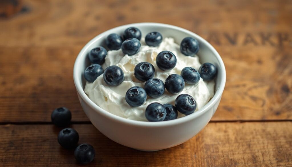 A pristine white ceramic bowl sits atop a rustic wooden table, filled with creamy cottage cheese. Plump, juicy blueberries are gently scattered across the surface, their deep purple hues creating a striking contrast. The lighting is soft and diffused, casting a warm, natural glow that highlights the texture of the ingredients. The camera angle is slightly elevated, giving a clear, unobstructed view of the scene. The overall mood is one of simplicity, freshness, and a sense of nourishment, perfectly suited to illustrate the essential ingredients for a wholesome blueberry cottage cheese breakfast bake. A pristine white ceramic bowl sits atop a rustic wooden table, filled with creamy cottage cheese. Plump, juicy blueberries are gently scattered across the surface, their deep purple hues creating a striking contrast. The lighting is soft and diffused, casting a warm, natural glow that highlights the texture of the ingredients. The camera angle is slightly elevated, giving a clear, unobstructed view of the scene. The overall mood is one of simplicity, freshness, and a sense of nourishment, perfectly suited to illustrate the essential ingredients for a wholesome blueberry cottage cheese breakfast bake.