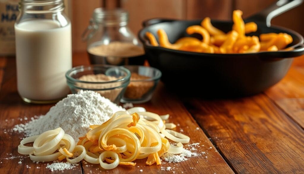 A rustic wooden table, illuminated by warm, diffused lighting, showcases the essential ingredients for crispy onion straws. In the foreground, neatly arranged are sliced yellow onions, a handful of all-purpose flour, and a bowl of panko breadcrumbs. The middle ground features a glass jar of buttermilk and a stainless steel bowl, hinting at the dipping and breading process. In the background, a vintage-style cast iron skillet suggests the sizzling oil where the onion straws will be fried to golden perfection. The overall mood is one of homemade comfort and anticipation, inviting the viewer to imagine the delicious crunch and flavor of these irresistible onion chips. A rustic wooden table, illuminated by warm, diffused lighting, showcases the essential ingredients for crispy onion straws. In the foreground, neatly arranged are sliced yellow onions, a handful of all-purpose flour, and a bowl of panko breadcrumbs. The middle ground features a glass jar of buttermilk and a stainless steel bowl, hinting at the dipping and breading process. In the background, a vintage-style cast iron skillet suggests the sizzling oil where the onion straws will be fried to golden perfection. The overall mood is one of homemade comfort and anticipation, inviting the viewer to imagine the delicious crunch and flavor of these irresistible onion chips.