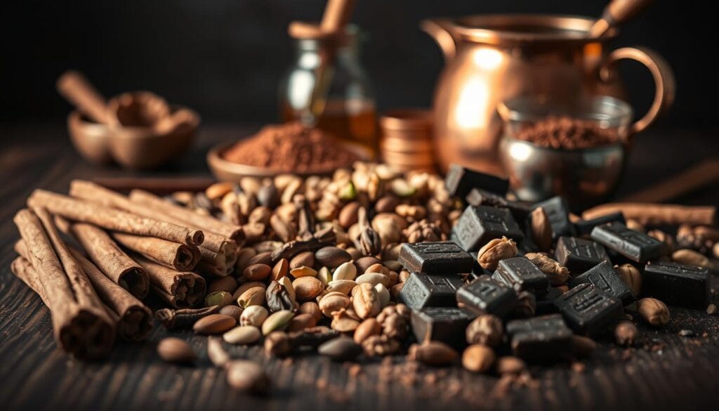 A still life arrangement showcasing the essential ingredients for a traditional Middle Eastern chocolate recipe. In the foreground, arrange whole cinnamon sticks, cardamom pods, and cloves against a dark, wooden surface. In the middle ground, place a variety of chopped nuts such as almonds, pistachios, and walnuts, as well as chunks of dark chocolate. In the background, include a copper pot or bowl filled with cocoa powder, and a jar of honey or date syrup. Illuminate the scene with warm, directional lighting, casting soft shadows and highlights to accentuate the rich, earthy tones of the ingredients. Capture the image with a shallow depth of field to create a cozy, intimate atmosphere, evoking the flavors and aromas of the Middle East. A still life arrangement showcasing the essential ingredients for a traditional Middle Eastern chocolate recipe. In the foreground, arrange whole cinnamon sticks, cardamom pods, and cloves against a dark, wooden surface. In the middle ground, place a variety of chopped nuts such as almonds, pistachios, and walnuts, as well as chunks of dark chocolate. In the background, include a copper pot or bowl filled with cocoa powder, and a jar of honey or date syrup. Illuminate the scene with warm, directional lighting, casting soft shadows and highlights to accentuate the rich, earthy tones of the ingredients. Capture the image with a shallow depth of field to create a cozy, intimate atmosphere, evoking the flavors and aromas of the Middle East.