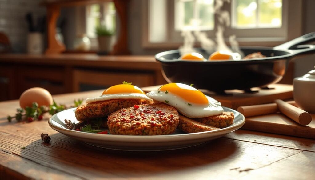 A sunny kitchen scene featuring a rustic wooden tabletop. In the foreground, a plate showcases a mouthwatering arrangement of golden-brown ground beef patties and perfectly cooked sunny-side-up eggs, glistening with a runny yolk. Fragrant herbs and spices surround the dish, hinting at the flavors to come. In the middle ground, a cast-iron skillet sizzles with more beef and eggs, as steam rises in the soft, diffused lighting. The background features an open window, allowing natural light to flood the space and create a warm, inviting atmosphere. The overall mood is one of comfort, nourishment, and the perfect start to the day. A sunny kitchen scene featuring a rustic wooden tabletop. In the foreground, a plate showcases a mouthwatering arrangement of golden-brown ground beef patties and perfectly cooked sunny-side-up eggs, glistening with a runny yolk. Fragrant herbs and spices surround the dish, hinting at the flavors to come. In the middle ground, a cast-iron skillet sizzles with more beef and eggs, as steam rises in the soft, diffused lighting. The background features an open window, allowing natural light to flood the space and create a warm, inviting atmosphere. The overall mood is one of comfort, nourishment, and the perfect start to the day.