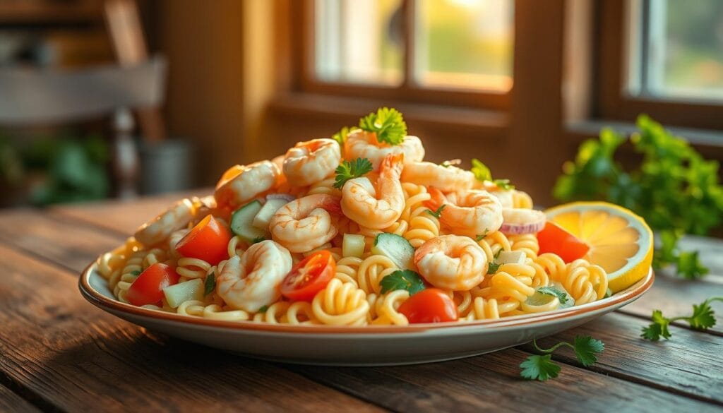 A vibrant, chilled shrimp pasta salad takes center stage on a rustic wooden table, bathed in warm, golden sunlight filtering through a nearby window. The creamy, tangy dressing coats each spiral noodle and plump shrimp, complemented by crisp, colorful vegetables like cherry tomatoes, diced cucumber, and slivers of red onion. Garnished with fresh parsley and a squeeze of lemon, the dish exudes a refreshing, summery vibe. The composition is captured with a shallow depth of field, drawing the viewer's eye to the delectable, textural details of this perfect warm-weather meal. A vibrant, chilled shrimp pasta salad takes center stage on a rustic wooden table, bathed in warm, golden sunlight filtering through a nearby window. The creamy, tangy dressing coats each spiral noodle and plump shrimp, complemented by crisp, colorful vegetables like cherry tomatoes, diced cucumber, and slivers of red onion. Garnished with fresh parsley and a squeeze of lemon, the dish exudes a refreshing, summery vibe. The composition is captured with a shallow depth of field, drawing the viewer's eye to the delectable, textural details of this perfect warm-weather meal.