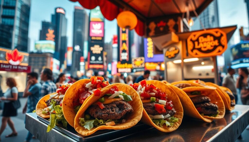 A vibrant street food scene, featuring a mouthwatering fusion of tacos and burgers. In the foreground, a lively vendor stall showcases an array of crispy, golden-brown tortilla shells, filled with sizzling beef patties, melted cheese, and an array of fresh toppings like diced tomatoes, shredded lettuce, and tangy salsa. The middle ground is bustling with pedestrians, their faces alight with anticipation as they approach the stall. In the background, a dynamic cityscape of towering skyscrapers and neon-lit signs sets the stage for this culinary adventure. Warm, golden lighting bathes the scene, creating a inviting, appetizing atmosphere. The overall composition conveys a sense of energy, fusion, and the promise of a truly delicious dining experience. A vibrant street food scene, featuring a mouthwatering fusion of tacos and burgers. In the foreground, a lively vendor stall showcases an array of crispy, golden-brown tortilla shells, filled with sizzling beef patties, melted cheese, and an array of fresh toppings like diced tomatoes, shredded lettuce, and tangy salsa. The middle ground is bustling with pedestrians, their faces alight with anticipation as they approach the stall. In the background, a dynamic cityscape of towering skyscrapers and neon-lit signs sets the stage for this culinary adventure. Warm, golden lighting bathes the scene, creating a inviting, appetizing atmosphere. The overall composition conveys a sense of energy, fusion, and the promise of a truly delicious dining experience.