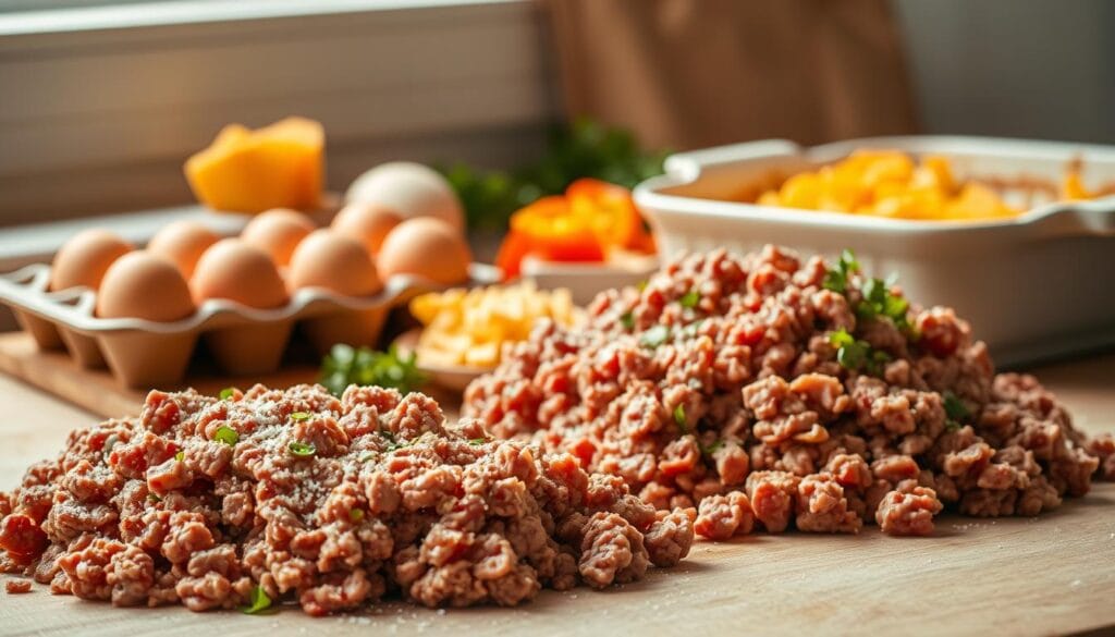A well-lit, close-up still life showcasing the essential ingredients for a hearty Ground Beef Breakfast Casserole. In the foreground, a pile of freshly ground beef, seasoned with salt and pepper. In the middle ground, a carton of eggs, some grated cheddar cheese, and a handful of diced onions and bell peppers. In the background, a wooden cutting board, a ceramic baking dish, and a few sprigs of fresh herbs. The lighting is warm and natural, creating a cozy, inviting atmosphere. The overall composition is balanced and visually appealing, capturing the key components for this delicious breakfast dish. The image is in webP format. A well-lit, close-up still life showcasing the essential ingredients for a hearty Ground Beef Breakfast Casserole. In the foreground, a pile of freshly ground beef, seasoned with salt and pepper. In the middle ground, a carton of eggs, some grated cheddar cheese, and a handful of diced onions and bell peppers. In the background, a wooden cutting board, a ceramic baking dish, and a few sprigs of fresh herbs. The lighting is warm and natural, creating a cozy, inviting atmosphere. The overall composition is balanced and visually appealing, capturing the key components for this delicious breakfast dish. The image is in webP format.