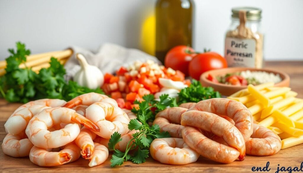 A well-lit, high-resolution close-up photograph of an assortment of ingredients for shrimp and sausage pasta, arranged on a wooden table against a light background. In the foreground, fresh shrimp and sausage links. In the middle ground, uncooked penne pasta, diced tomatoes, minced garlic, and chopped parsley. In the background, a bottle of olive oil and a jar of grated Parmesan cheese. The lighting is soft and natural, creating a warm, appetizing atmosphere. The focus is clear, and the colors are vibrant, drawing the viewer's attention to the essential elements of the dish. A well-lit, high-resolution close-up photograph of an assortment of ingredients for shrimp and sausage pasta, arranged on a wooden table against a light background. In the foreground, fresh shrimp and sausage links. In the middle ground, uncooked penne pasta, diced tomatoes, minced garlic, and chopped parsley. In the background, a bottle of olive oil and a jar of grated Parmesan cheese. The lighting is soft and natural, creating a warm, appetizing atmosphere. The focus is clear, and the colors are vibrant, drawing the viewer's attention to the essential elements of the dish.