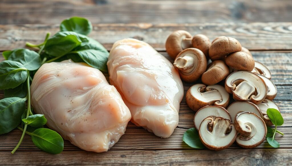 A well-lit, high-resolution still life image of chicken breasts, fresh spinach leaves, and sliced mushrooms arranged neatly on a rustic wooden surface. The ingredients should be presented in an appetizing and visually appealing manner, with natural lighting highlighting the vibrant colors and textures. The composition should be balanced, with the main elements taking up the foreground and middle ground, allowing for negative space to create a sense of depth. Add a subtle vignette effect to draw the viewer's eye towards the center of the frame. Convey a mood of wholesome, home-cooked goodness. A well-lit, high-resolution still life image of chicken breasts, fresh spinach leaves, and sliced mushrooms arranged neatly on a rustic wooden surface. The ingredients should be presented in an appetizing and visually appealing manner, with natural lighting highlighting the vibrant colors and textures. The composition should be balanced, with the main elements taking up the foreground and middle ground, allowing for negative space to create a sense of depth. Add a subtle vignette effect to draw the viewer's eye towards the center of the frame. Convey a mood of wholesome, home-cooked goodness.