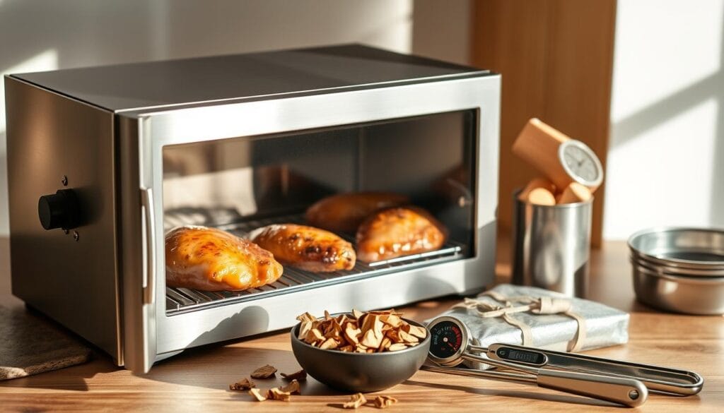 A well-lit still life featuring a collection of smoking equipment for chicken thighs, including a smoker, wood chips, a meat thermometer, and a pair of tongs. The smoker is made of stainless steel and has a clear glass door, allowing the viewer to see the smoked chicken thighs inside. The wood chips are neatly arranged in a small bowl, and the thermometer and tongs are placed nearby, ready for use. The lighting is soft and natural, creating a warm, inviting atmosphere that evokes the comforting aroma of smoked meat. The entire scene is captured from a slightly elevated angle, providing a clear and comprehensive view of the essential equipment needed for smoking chicken thighs. A well-lit still life featuring a collection of smoking equipment for chicken thighs, including a smoker, wood chips, a meat thermometer, and a pair of tongs. The smoker is made of stainless steel and has a clear glass door, allowing the viewer to see the smoked chicken thighs inside. The wood chips are neatly arranged in a small bowl, and the thermometer and tongs are placed nearby, ready for use. The lighting is soft and natural, creating a warm, inviting atmosphere that evokes the comforting aroma of smoked meat. The entire scene is captured from a slightly elevated angle, providing a clear and comprehensive view of the essential equipment needed for smoking chicken thighs.