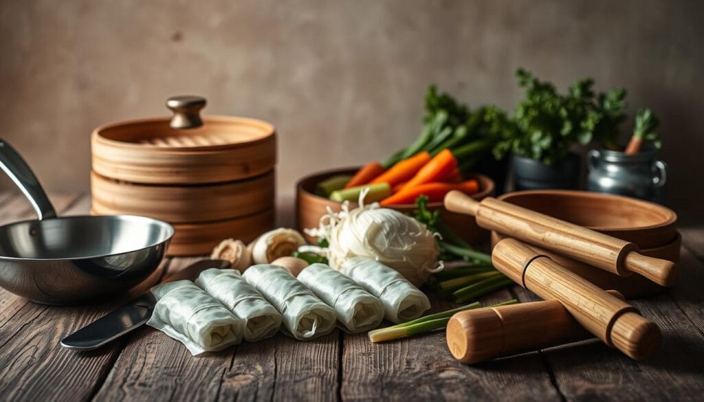 An elegant still life depicting an assortment of kitchen tools and equipment for a plant-based egg roll recipe. The foreground features a stainless steel wok, bamboo steamers, a sharp cleaver, and a wooden rolling pin arranged on a rustic wooden surface. In the middle ground, a collection of fresh vegetables including cabbage, carrots, and scallions is neatly displayed. The background is softly lit, creating a warm, inviting atmosphere that evokes the homemade, artisanal nature of the recipe. The image is shot with a medium-format camera lens, capturing the textures and details of the scene with crisp clarity and depth of field. An elegant still life depicting an assortment of kitchen tools and equipment for a plant-based egg roll recipe. The foreground features a stainless steel wok, bamboo steamers, a sharp cleaver, and a wooden rolling pin arranged on a rustic wooden surface. In the middle ground, a collection of fresh vegetables including cabbage, carrots, and scallions is neatly displayed. The background is softly lit, creating a warm, inviting atmosphere that evokes the homemade, artisanal nature of the recipe. The image is shot with a medium-format camera lens, capturing the textures and details of the scene with crisp clarity and depth of field.