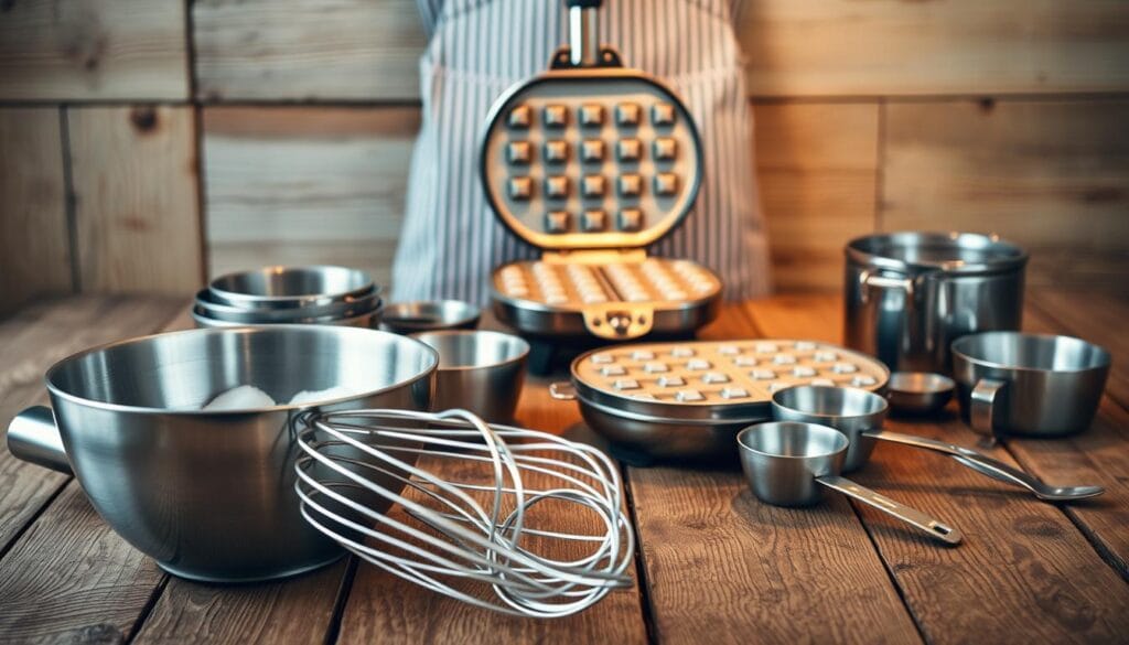 Centered on a rustic wooden surface, an assortment of waffle-making essentials lies in perfect arrangement. In the foreground, a stainless steel mixing bowl and whisk capture the light, hinting at the batter-whipping action to come. Nearby, a set of measuring cups and spoons stand ready to precisely portion out ingredients. The middle ground features a vintage-inspired waffle iron, its polished chrome surface reflecting the warm glow of an overhead spotlight. In the background, a classic apron and patterned kitchen towel add a touch of homey charm, complementing the natural textures of the wood. The overall mood is one of effortless culinary preparation, evoking the satisfying ritual of creating delicious homemade waffles. Centered on a rustic wooden surface, an assortment of waffle-making essentials lies in perfect arrangement. In the foreground, a stainless steel mixing bowl and whisk capture the light, hinting at the batter-whipping action to come. Nearby, a set of measuring cups and spoons stand ready to precisely portion out ingredients. The middle ground features a vintage-inspired waffle iron, its polished chrome surface reflecting the warm glow of an overhead spotlight. In the background, a classic apron and patterned kitchen towel add a touch of homey charm, complementing the natural textures of the wood. The overall mood is one of effortless culinary preparation, evoking the satisfying ritual of creating delicious homemade waffles.