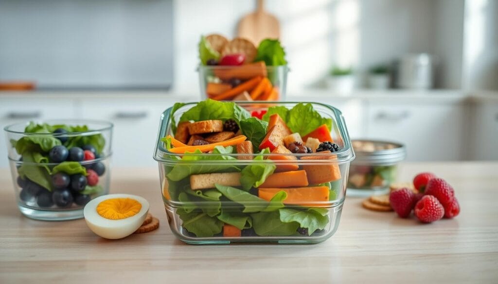Crisp, well-lit image of a neatly arranged cold lunch meal prep featuring a variety of options: a glass container with a leafy green salad, another with colorful roasted vegetables, a small bowl of mixed berries, a hard-boiled egg, and a few whole-grain crackers. The scene is set on a light-colored wooden surface, with a subtle backdrop of a clean, minimalist kitchen. The overall composition conveys a sense of simplicity, freshness, and efficiency, perfectly capturing the appeal of cold lunches for busy days. Crisp, well-lit image of a neatly arranged cold lunch meal prep featuring a variety of options: a glass container with a leafy green salad, another with colorful roasted vegetables, a small bowl of mixed berries, a hard-boiled egg, and a few whole-grain crackers. The scene is set on a light-colored wooden surface, with a subtle backdrop of a clean, minimalist kitchen. The overall composition conveys a sense of simplicity, freshness, and efficiency, perfectly capturing the appeal of cold lunches for busy days.