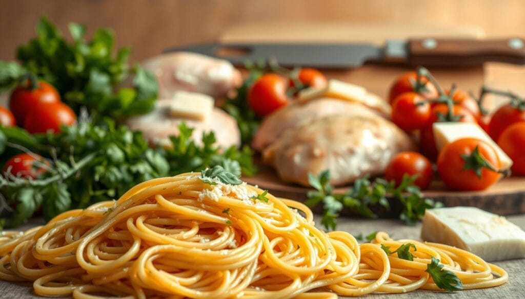 Elegant still life arrangement of fresh ingredients for creamy chicken spaghetti. In the foreground, a pile of perfectly cooked spaghetti noodles, glistening with a rich, creamy sauce. Surrounding the pasta, an assortment of high-quality ingredients: tender chicken breasts, a variety of aromatic herbs, vibrant cherry tomatoes, and a dollop of creamy Parmesan cheese. In the middle ground, a wooden cutting board and a set of stainless steel kitchen utensils, hinting at the care and attention required to prepare this dish. The background features a soft, blurred backdrop, allowing the ingredients to take center stage. Warm, natural lighting casts a comforting glow, evoking the homey, family-style atmosphere of the perfect chicken spaghetti dinner. Elegant still life arrangement of fresh ingredients for creamy chicken spaghetti. In the foreground, a pile of perfectly cooked spaghetti noodles, glistening with a rich, creamy sauce. Surrounding the pasta, an assortment of high-quality ingredients: tender chicken breasts, a variety of aromatic herbs, vibrant cherry tomatoes, and a dollop of creamy Parmesan cheese. In the middle ground, a wooden cutting board and a set of stainless steel kitchen utensils, hinting at the care and attention required to prepare this dish. The background features a soft, blurred backdrop, allowing the ingredients to take center stage. Warm, natural lighting casts a comforting glow, evoking the homey, family-style atmosphere of the perfect chicken spaghetti dinner.